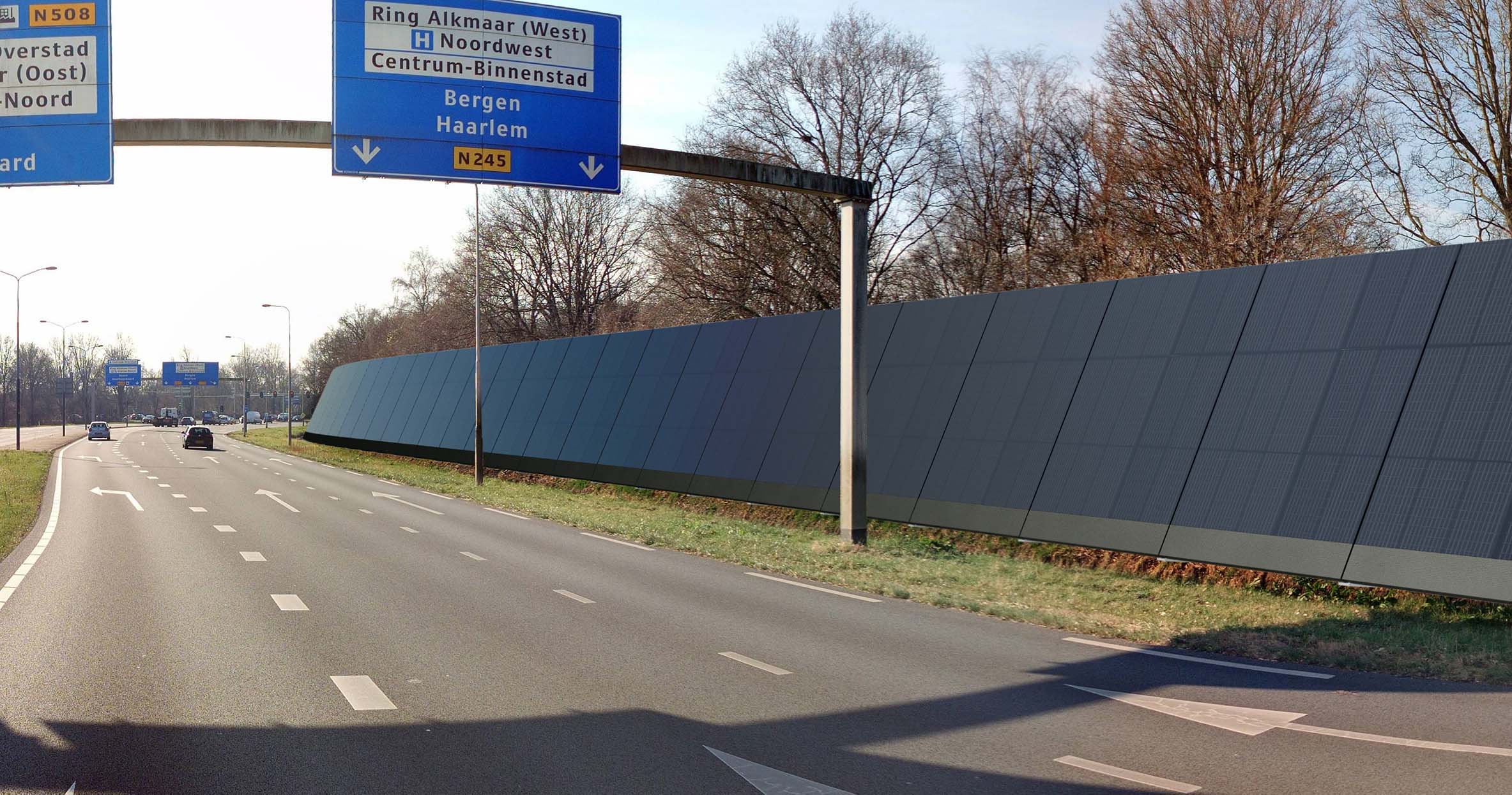 Visualisatie van het geluidsscherm met zonnepanelen in Alkmaar